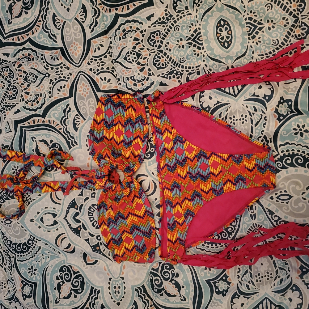 Colorful Patterned Bikini with Fringe